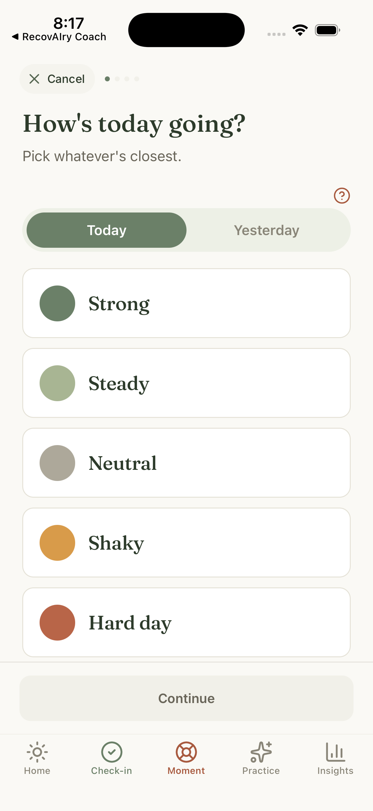 Pare moment check-in screen